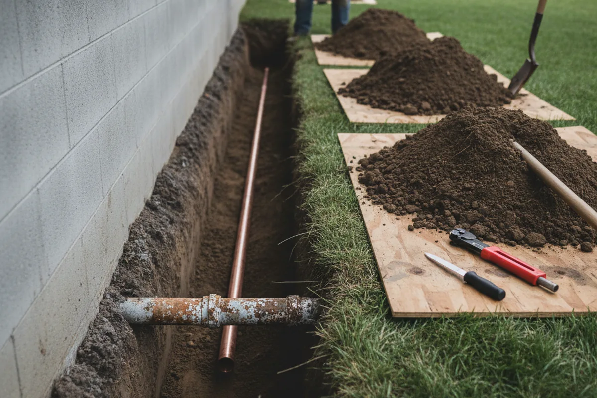 Excavated water line trench during Water Heater Repair in Simsbury